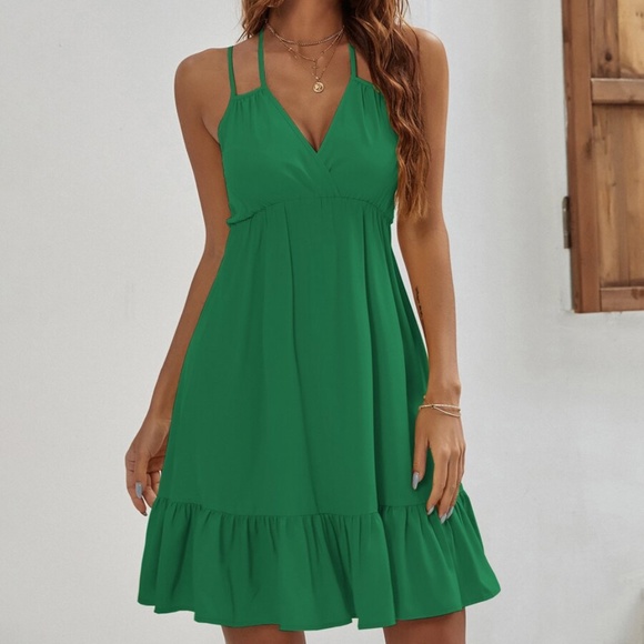 boho Double Strap v neck ruffle hem dress Green - Picture 9 of 15